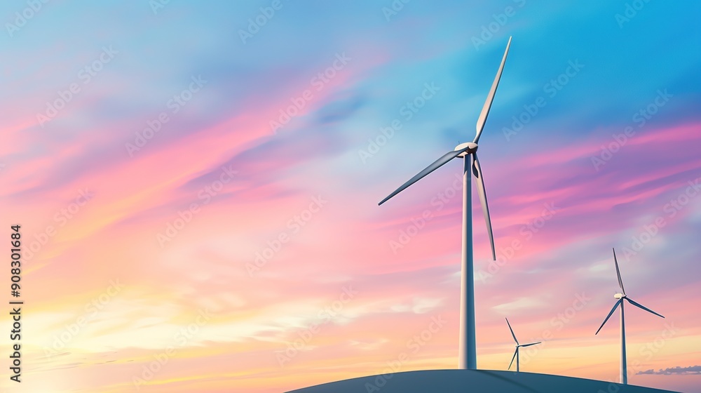 Obraz premium Sustainable Energy Source: Wind Turbines on Hilltop at Sunset with Copy Space