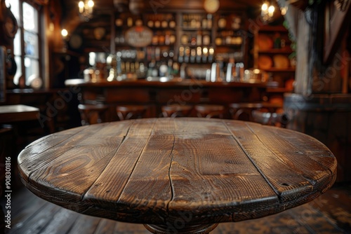 Empty wooden table in a pub. Perfect for showcasing products, drinks, or food in a rustic setting.