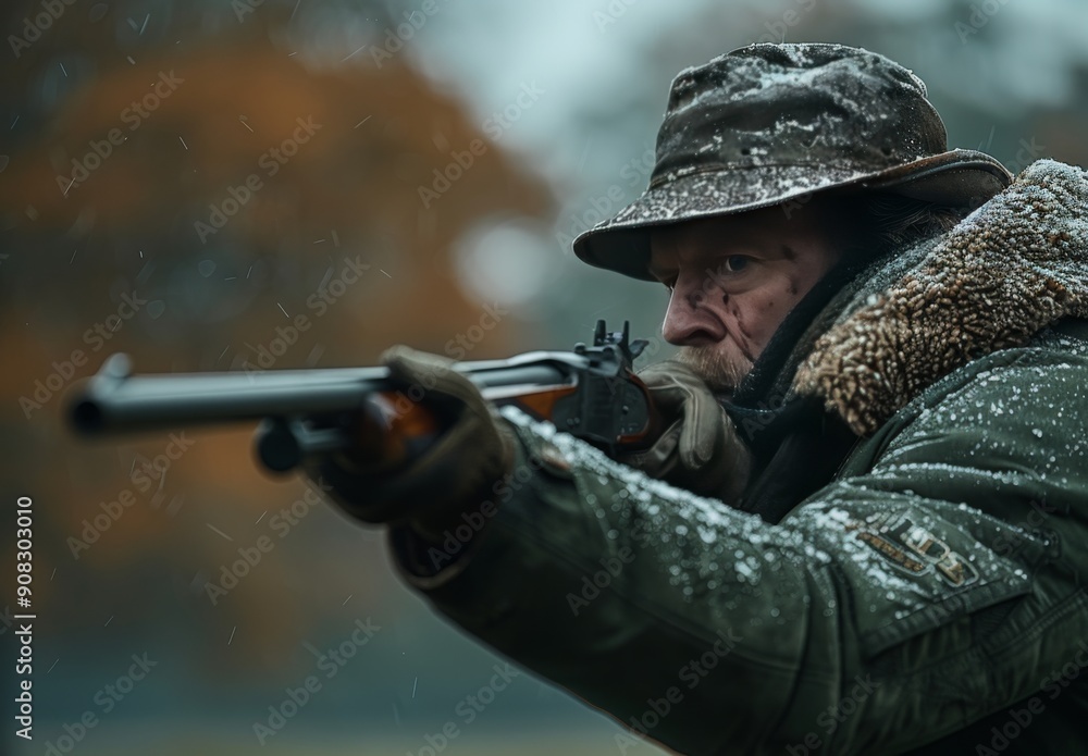 Dedicated hunter aiming steadily in a snowy field during wintertime Dedicated hunter aiming steadily in a snowy field during wintertime