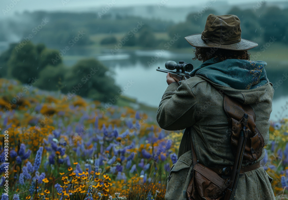 Man engaged in shotgun hunting in colorful field surrounded by nature during overcast weather Man engaged in shotgun hunting in colorful field surrounded by nature during overcast weather