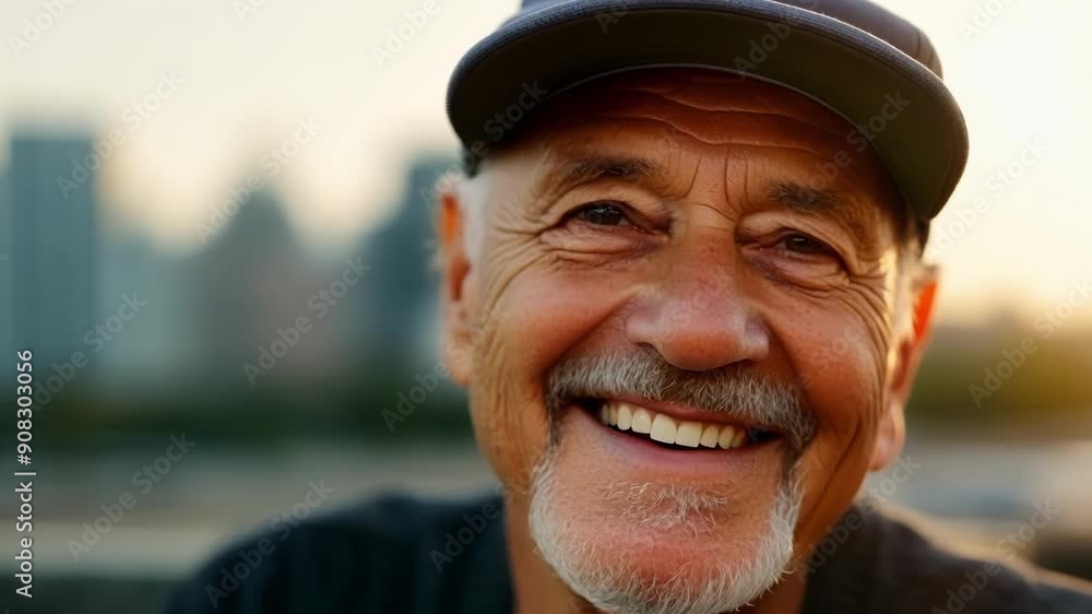 A closeup of a senior man with a baseball cap and a smile on his face sitting on a bench with the urban waterfront and highrise buildings as his backdrop. A closeup of a senior man with a baseball cap and a smile on his face sitting on a bench with the urban waterfront and highrise buildings as his backdrop.