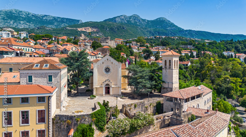 Aerial view of the St Jerome church in Herceg Novi, a town in located at the western entrance to the Bay of Kotor on the coast of the Adriatic Sea in Montenegro Aerial view of the St Jerome church in Herceg Novi, a town in located at the western entrance to the Bay of Kotor on the coast of the Adriatic Sea in Montenegro
