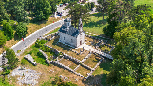 Aerial view of Vlach Church (Vlaška Crkva), a Serbian Orthodox church built on the site of a Bogomil necropolis and now located in Cetinje, the former capital of Montenegro in the Balkans photo