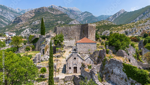 Aerial view of Stari Bar (Old Town of Bar), the ruins of an ancient walled city at the foot of Mount Rumija in Montenegro - It was successively part of the Byzantine, Venetian and Ottoman empires