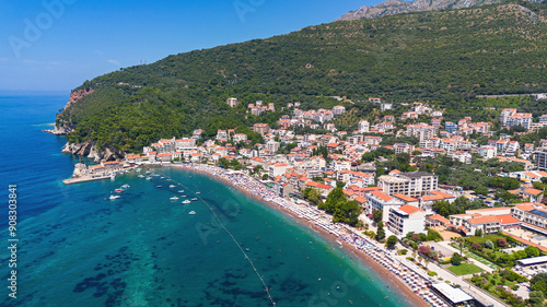 Aerial view of the beach of Petrovac na Moru, a resort town located on the coast of the Adriatic Sea in Montenegro