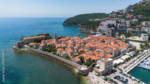 Aerial view of the Old Town of Budva, built on a peninsula along the coast of the Adriatic Sea in Montenegro - Walled coastal city built by the Venetian Republic