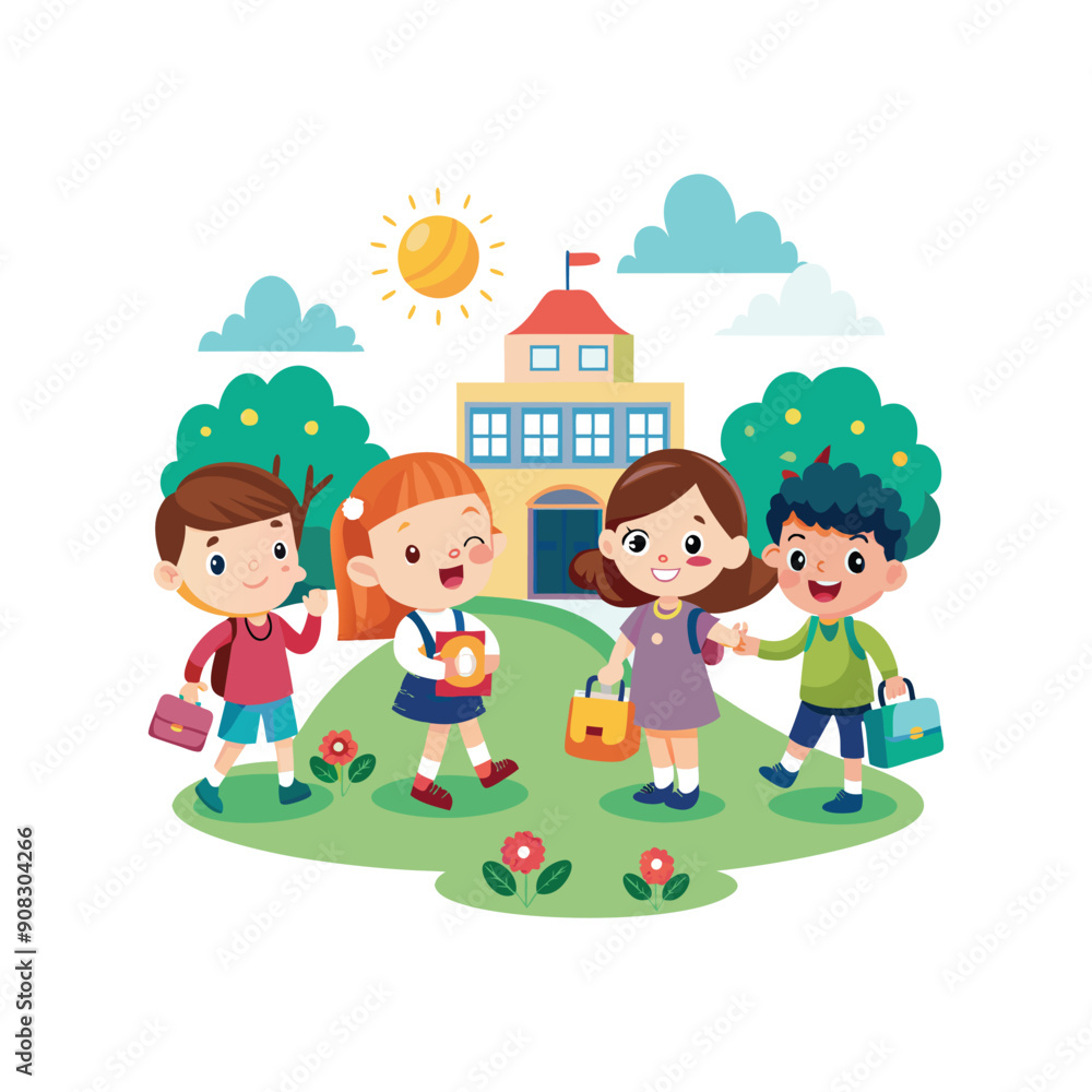 Cartoon Childrens Going Back To School on a white background Cartoon Childrens Going Back To School on a white background