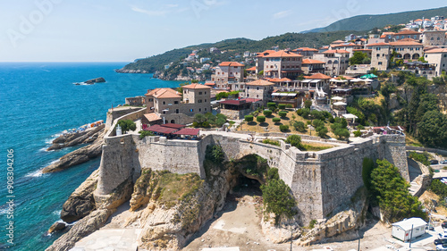 Aerial view of Ulcinj Castle, a medieval old town built on a rocky peninsula by the Illyrians in southern Montenegro photo