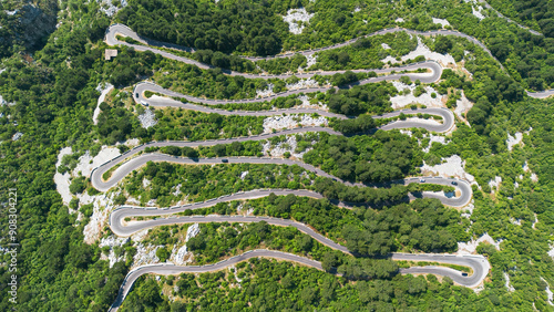 Aerial view on the Kotor Serpentine, a steep hairpin road with 16 turns between Kotor and Cetinje passing through the Lovcen National Park in Montenegro photo