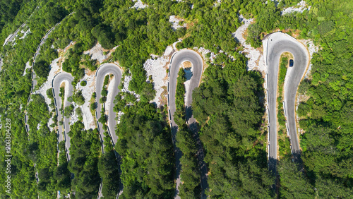 Aerial view on the Kotor Serpentine, a steep hairpin road with 16 turns between Kotor and Cetinje passing through the Lovcen National Park in Montenegro