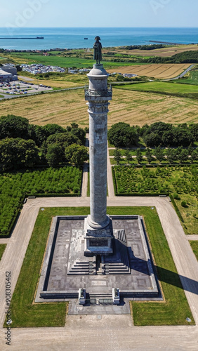 Aerial view of the Column of the Grande Armée, a triumphal column topped by a bronze statue of Napoleon Bonaparte located  near the English Channel in Boulogne-sur-Mer, France