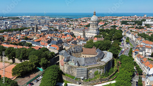 Aerial view of the Basilica of Notre-Dame in Boulogne-sur-Mer in the Pas-de-Calais département of northern France - Minor basilica with a large dome in the Upper Town of Boulogne photo