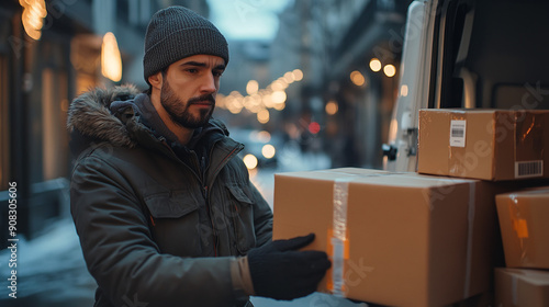 Man in winter coat loading boxes into van. Generative AI