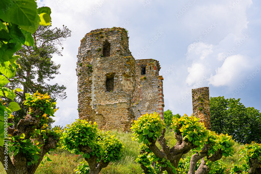 Fototapeta premium Ruins of the castle of Montfort-l'Amaury, a rural village of the French department of Yvelines in Paris region - Remains of a fortified castle built on a feudal motte