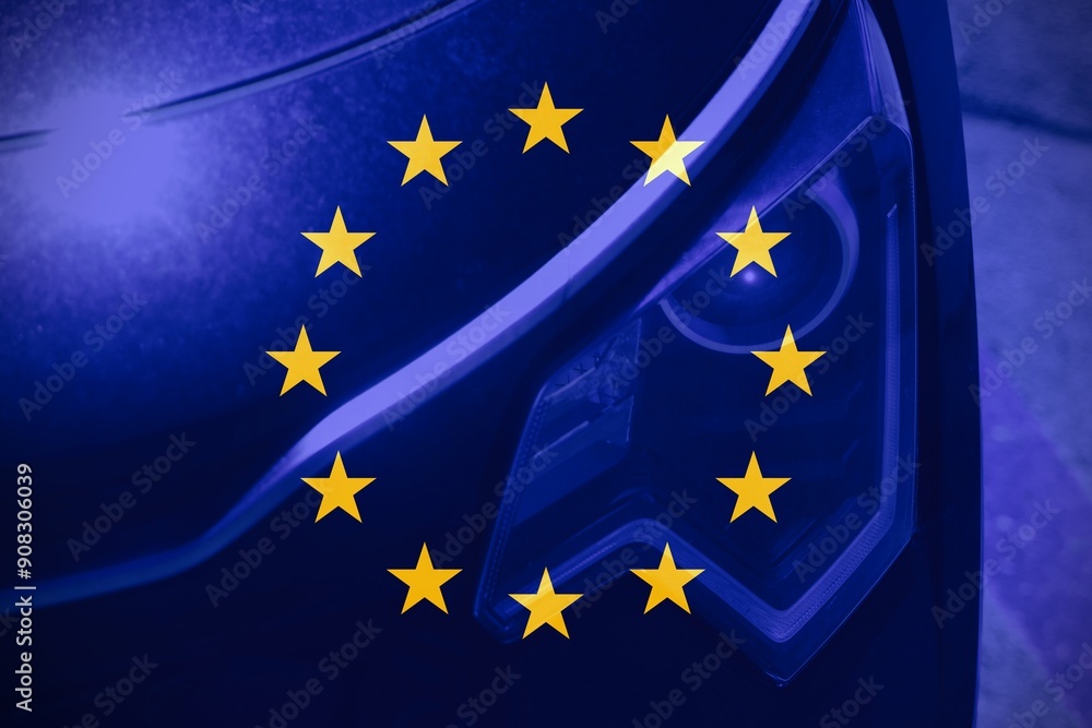 Front view of a car with the flag of Europe as background. Front view of a car with the flag of Europe as background.