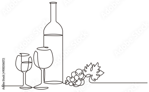 continous line drawing bottle of wine with wineglass and grape