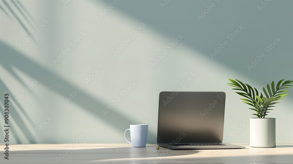 Minimalist Workspace with Laptop and Coffee Cup in Empty Space Minimalist Workspace with Laptop and Coffee Cup in Empty Space