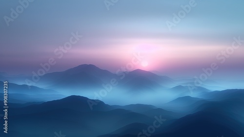 Tranquil Sunrise over Misty Mountains - Scenic nature landscape with soft dawn light illuminating the hazy mountain summits.