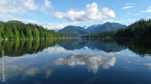  "A tranquil lake with a fuzzy reflection of the surrounding forest and mountains 