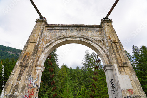 Second Alexandra Bridge, a suspension bridge opened in 1927 spanning the Fraser River within the lower Fraser Canyon of British Columbia, Canada photo