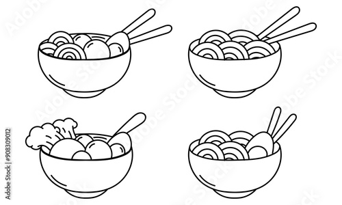 hand drawn of noodles and eggs, and noodles and meatballs redesign