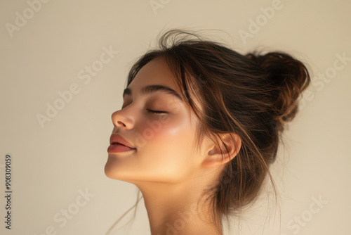 A close up of a girl's face with her eyes closed