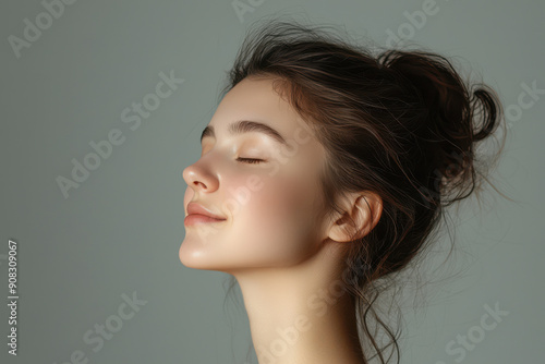 A close up of a girl's face with her eyes closed