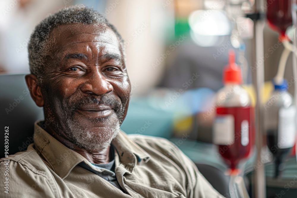 Fototapeta premium A man with a smile on his face is sitting in a chair