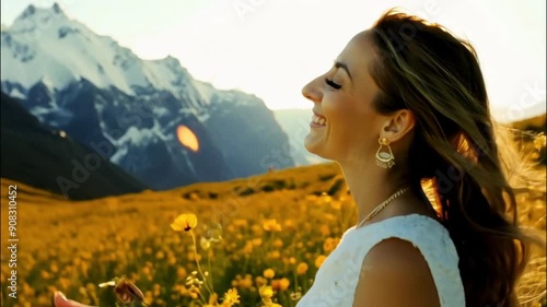 Close up view of charming european young woman tourist walking up the hill mountains relaxing enjoying the amazing view trip adventure landscape outdoor pure nature slow motion close up. 4k 60fps photo