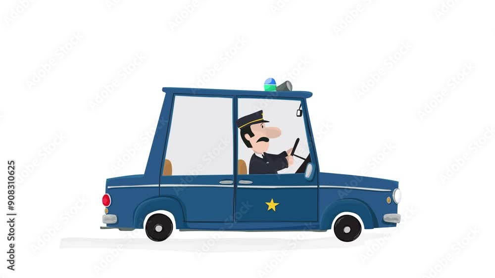 Police man driving over white with sirens on, cartoon drawing loop