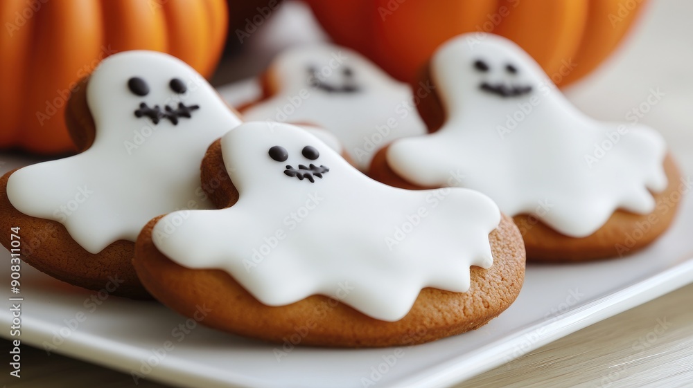 Halloween cookies shaped like ghosts with white icing and black decorations on plate Halloween cookies shaped like ghosts with white icing and black decorations on plate
