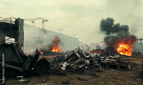 Industrial Inferno: A dramatic scene of a raging fire engulfing a scrap metal yard, with billowing black smoke and intense flames.  The scene evokes a sense of chaos and danger, highlighting the destr photo