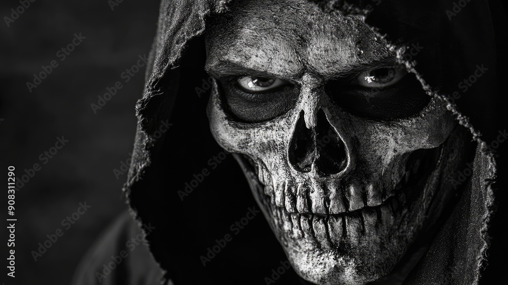 Naklejka premium Close-up of person in hooded robe, with skull makeup monochrome