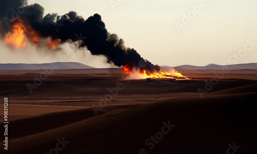 Wallpaper Mural Desert Inferno: Oil well engulfed in flames, a stark reminder of industrial impact on fragile ecosystems.  Torontodigital.ca