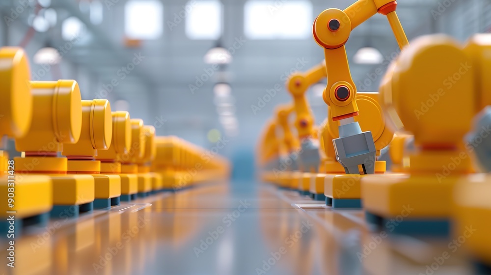 Obraz premium Futuristic Automated Factory Floor with Robotic Arms and Assembly Lines Demonstrating Industrial Job Automation