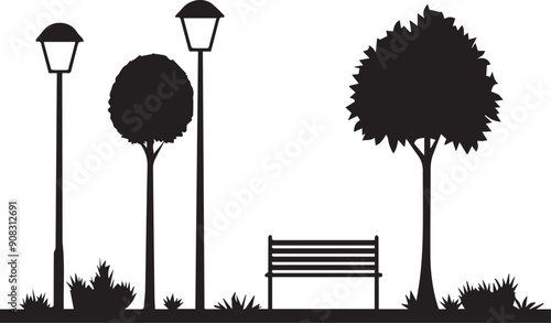 Silhouette of street lamp and tree, Vector silhouette of road sidewalk icon
