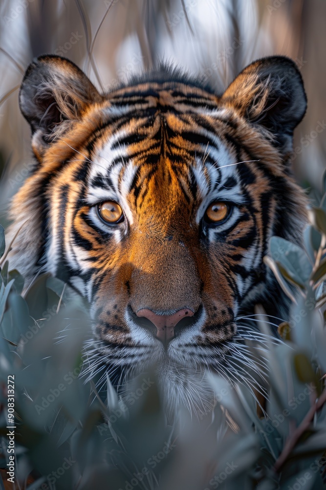 Fototapeta premium Tiger Peeking Through Leaves