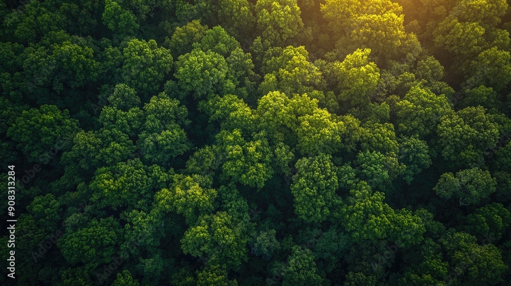 Naklejka premium Lush green forest canopy viewed from above, sunlight filtering through trees