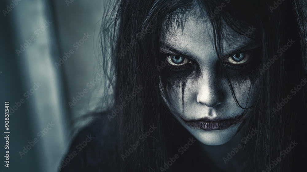 Pale woman with dark makeup and intense stare in eerie lighting Pale woman with dark makeup and intense stare in eerie lighting