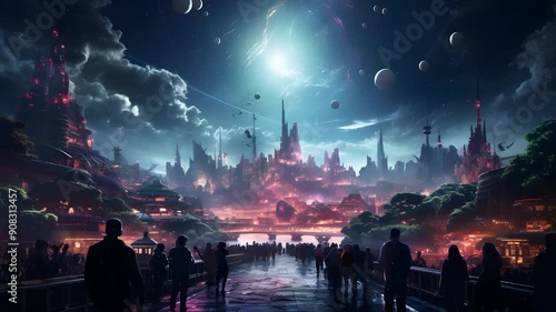 A futuristic city with towering skyscrapers and flying vehicles under a vibrant night sky with a brilliant shining star. A crowd of people walk across a bridge toward the city.