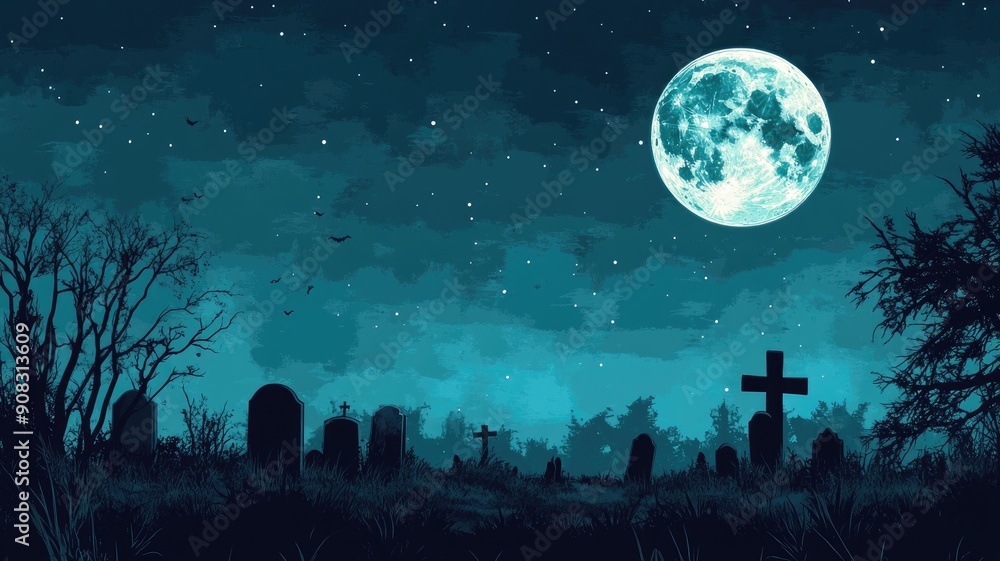 Serene, eerie graveyard under full moonlit night sky Serene, eerie graveyard under full moonlit night sky
