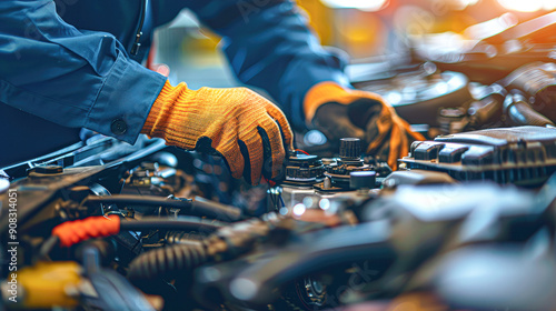 A mechanic is working on a car engine