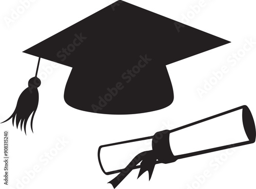 Graduation cap and diploma silhouette icon, silhouette of achievement vector