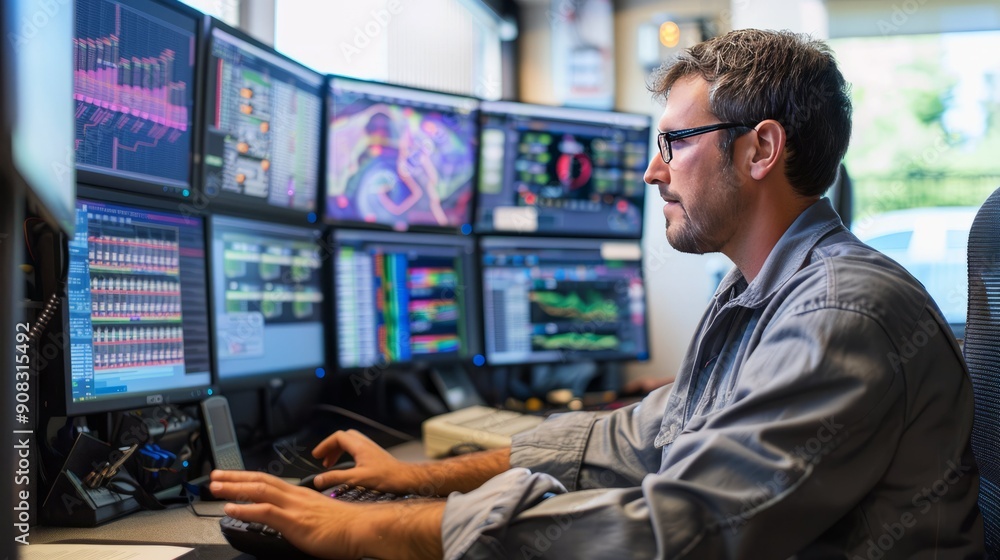 Man Working at Trading Desk with Multiple Monitors 1 Man Working at Trading Desk with Multiple Monitors 1