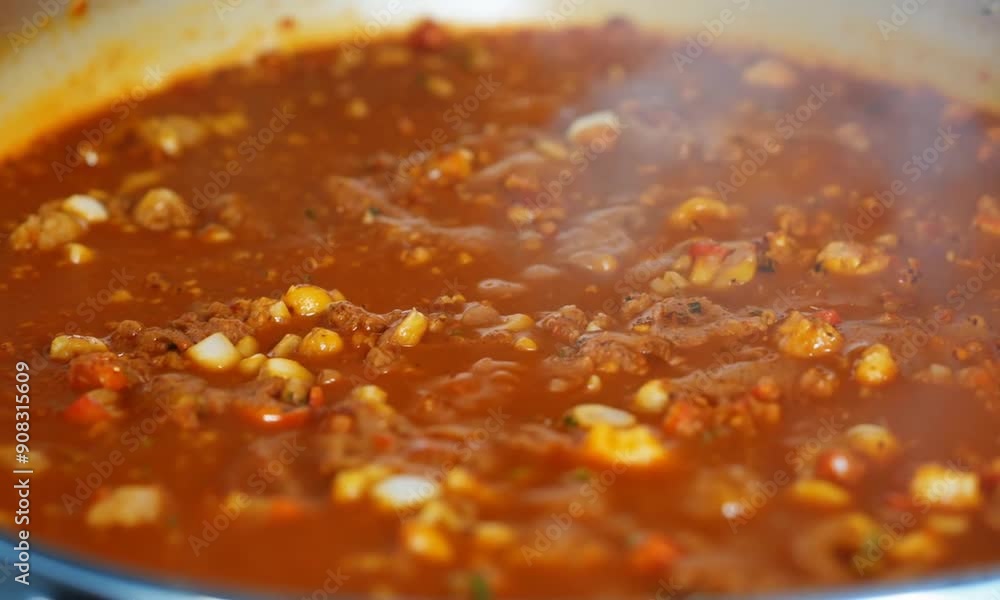 Spicy Seafood Stew Simmering in a Pan: Close-up of a vibrant red seafood stew simmering in a pan, with steam rising from the surface, enticing aromas, and a medley of fresh seafood and vegetables. Spicy Seafood Stew Simmering in a Pan: Close-up of a vibrant red seafood stew simmering in a pan, with steam rising from the surface, enticing aromas, and a medley of fresh seafood and vegetables.
