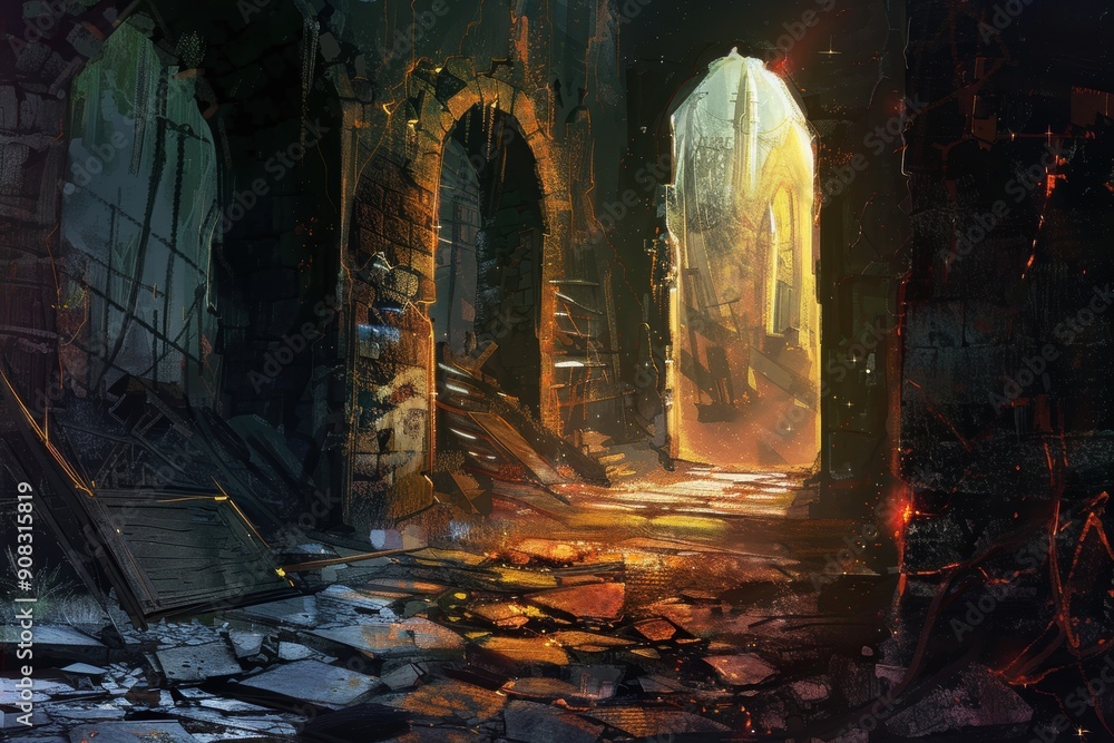 Ancient temple ruins with glowing magical portal in center of chamber Ancient temple ruins with glowing magical portal in center of chamber
