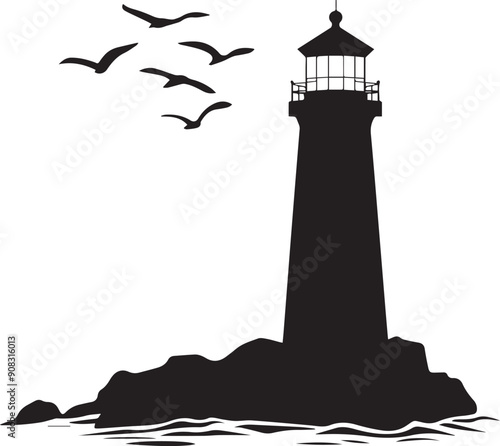 Silhouette of lighthouse on the island, vector  photo