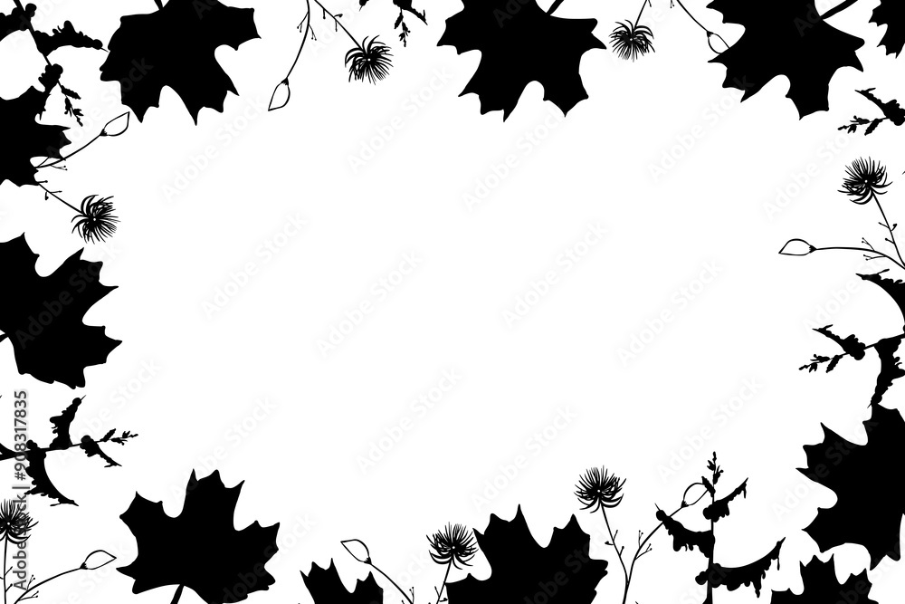 Maple leaves with tree silhouettes and thistle flowers autumn frame in graphic style hand drawn doodle illustration for use in banner and postcard design Maple leaves with tree silhouettes and thistle flowers autumn frame in graphic style hand drawn doodle illustration for use in banner and postcard design