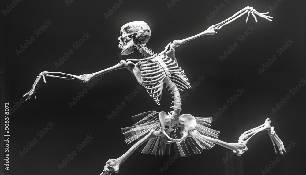 Human skeleton in a dance pose white bones black background side lighting artistic xray effect Human skeleton in a dance pose white bones black background side lighting artistic xray effect