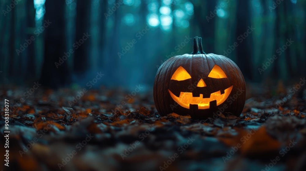 Glowing jack-o'-lantern in dark, spooky forest at dusk Glowing jack-o'-lantern in dark, spooky forest at dusk